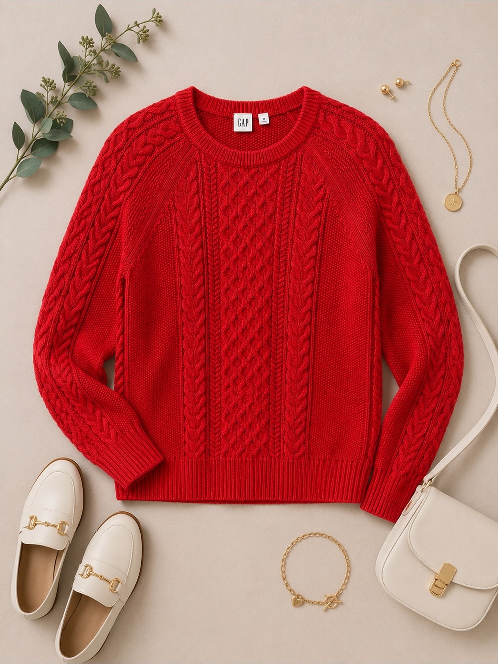 Gap Red Cable Knit Crewneck Sweater Size Medium